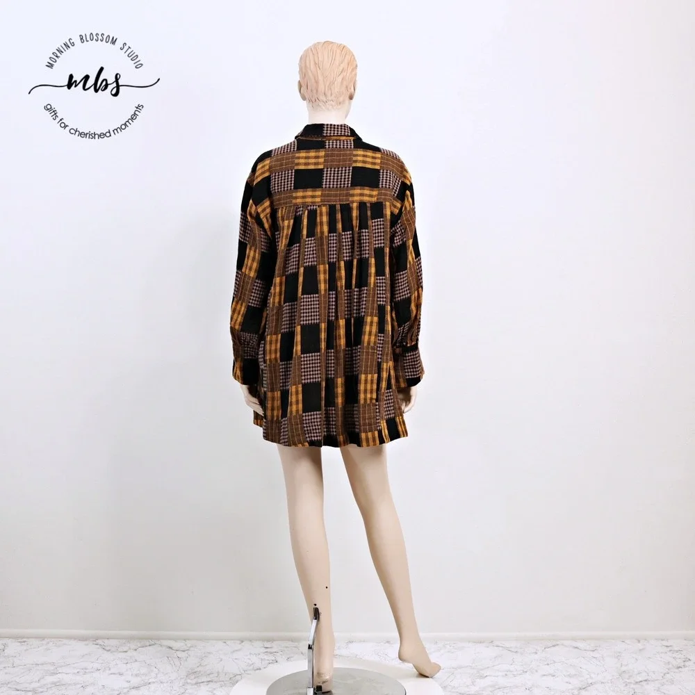 NWT Saints & Hearts Plaid Babydoll Mini Dress Black Yellow Women‎ L*